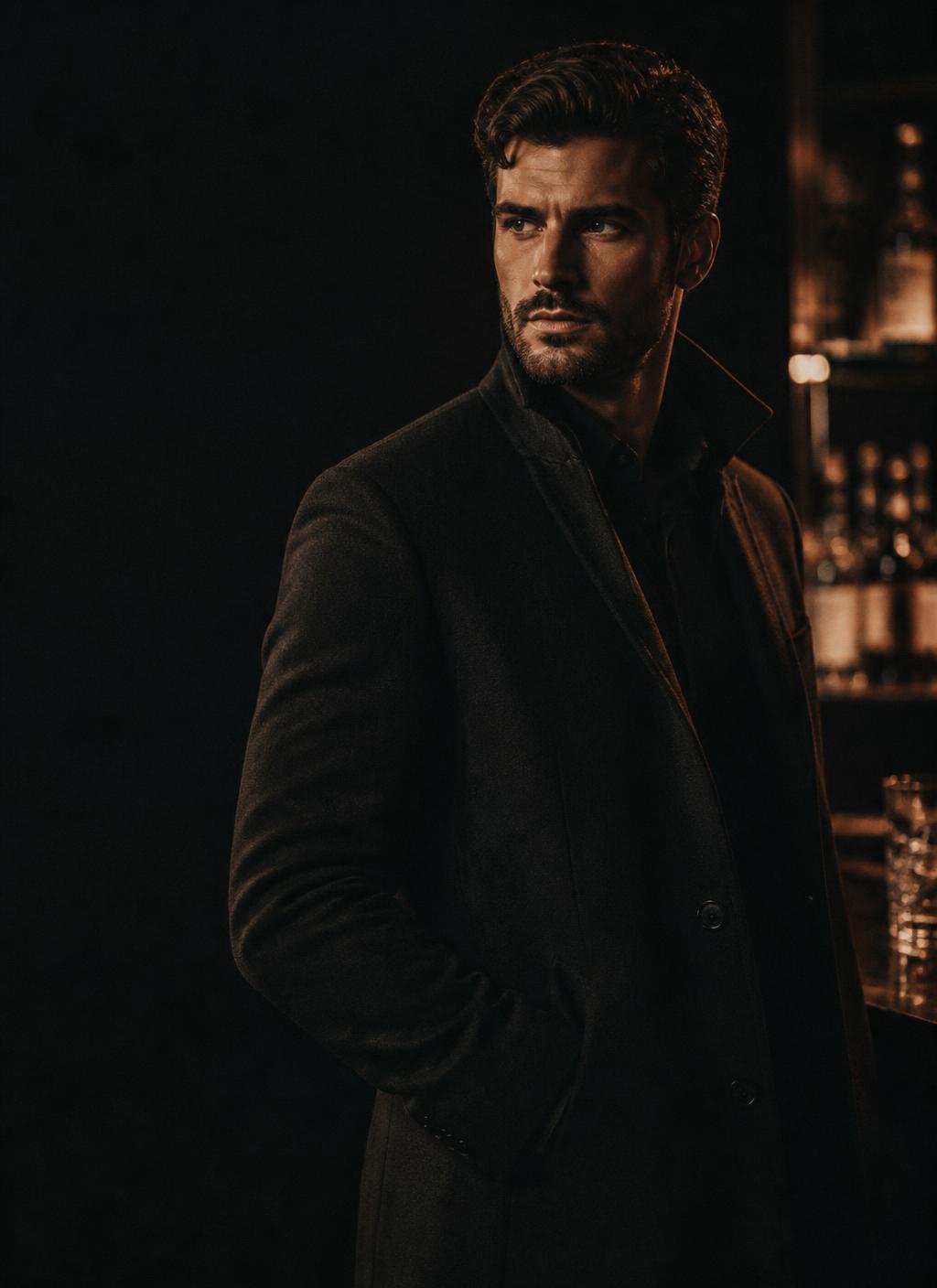 Confident, sharply groomed man in a tailored overcoat in a dark bar